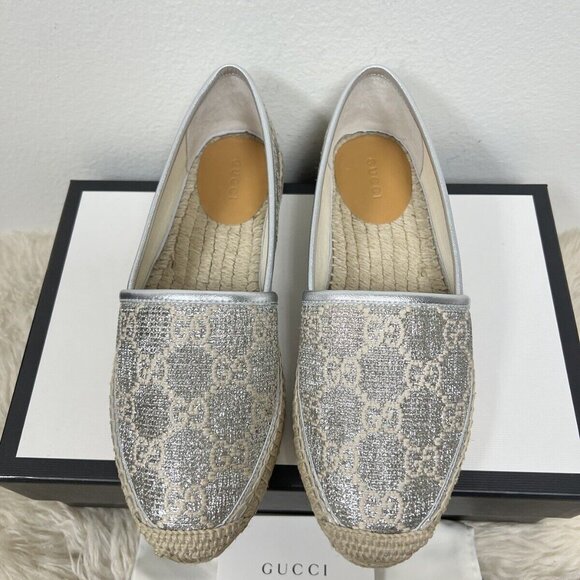 Gucci Espadrilles Heritage Logo Monogram Marmont GG Lame Silver Flat 38.5/39 - Picture 6 of 10
